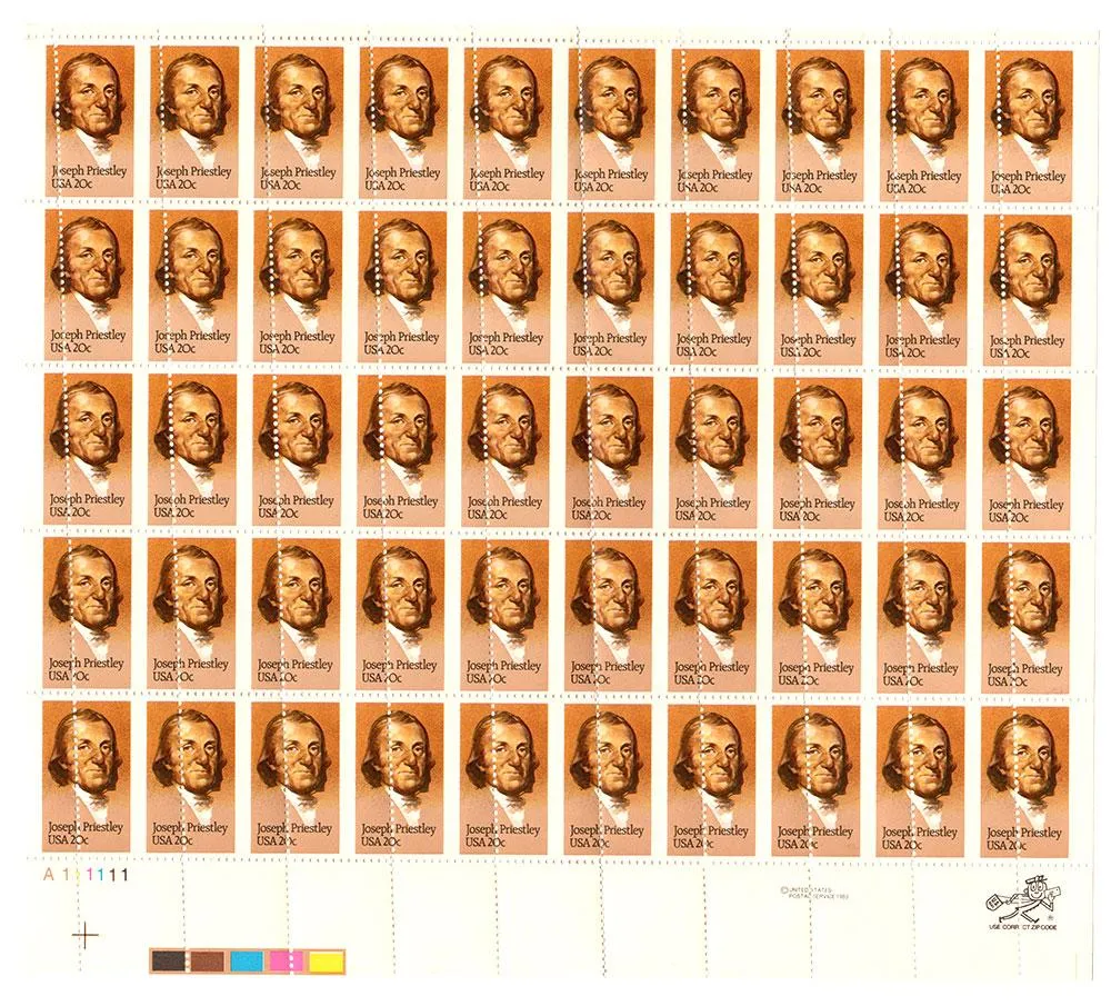 1983 20c Scott #2038 Joseph Priestley Misperf Error Full Sheet (50) - MNH