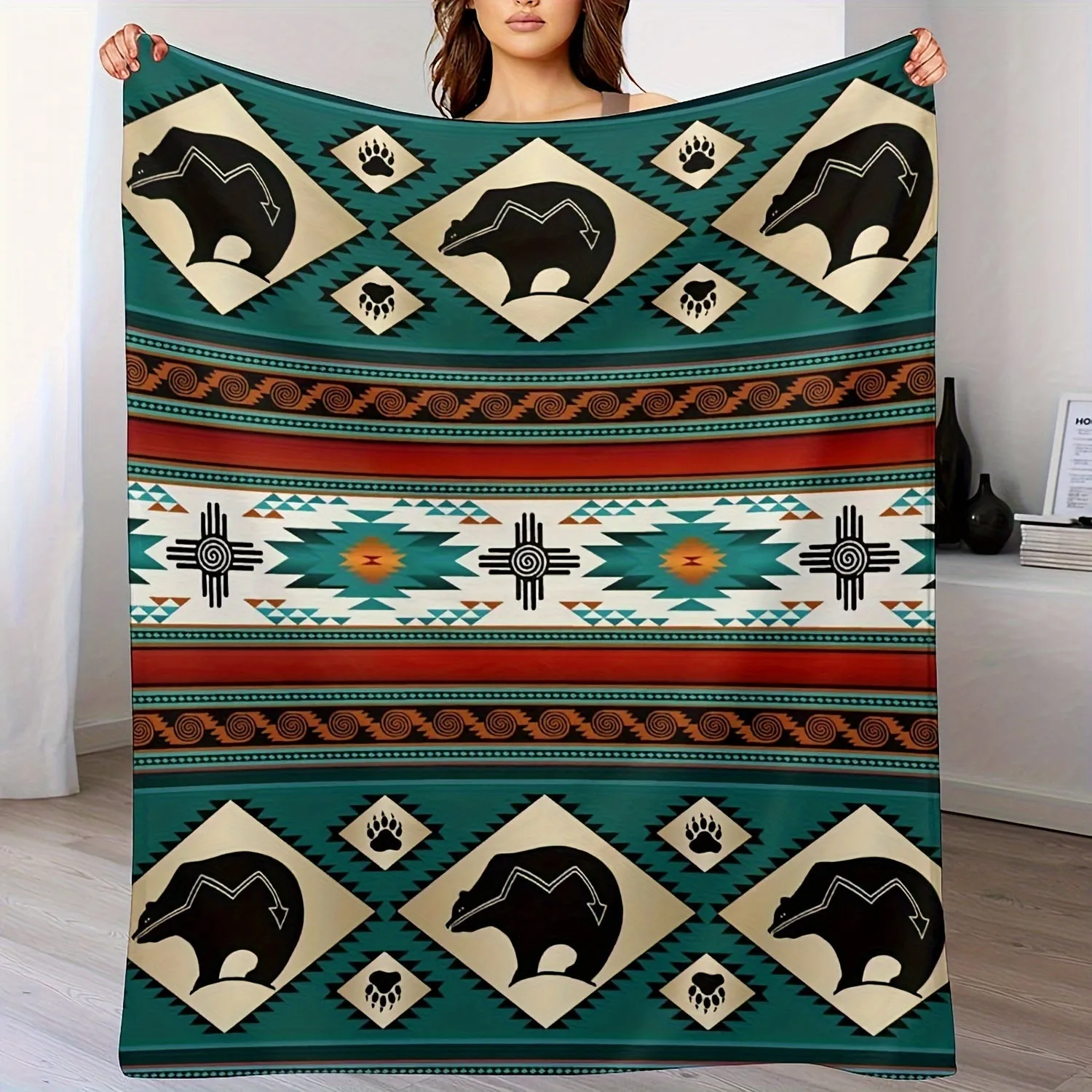 1pc Southwestern  Blanket, Southwest Indigenous Throw Blanket, Geometric Flannel Printed Blanket