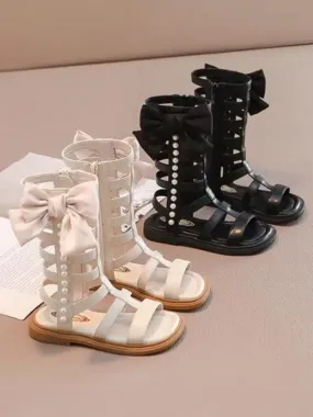 Adorable Girls' Bow-Embellished Gladiator Sandals with Pearls By Liv and Mia