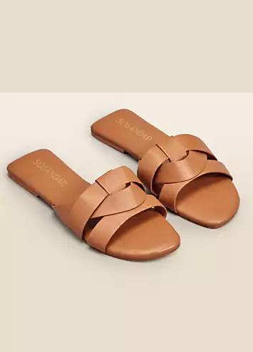 Amore Tan Leather Cross Strap Flat Mule Sandals by Sosandar | Look Again