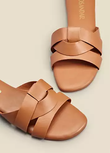 Amore Tan Leather Cross Strap Flat Mule Sandals by Sosandar | Look Again