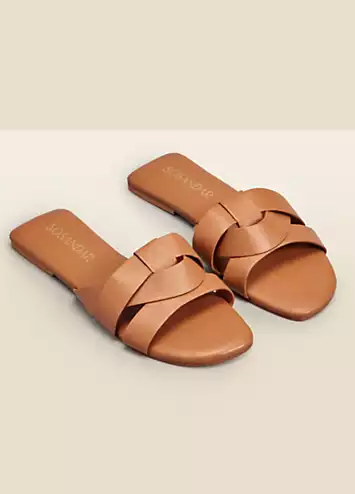 Amore Tan Leather Cross Strap Flat Mule Sandals by Sosandar | Look Again