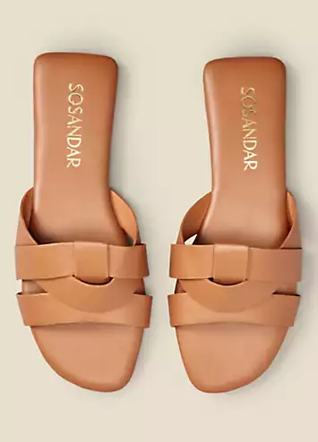 Amore Tan Leather Cross Strap Flat Mule Sandals by Sosandar | Look Again