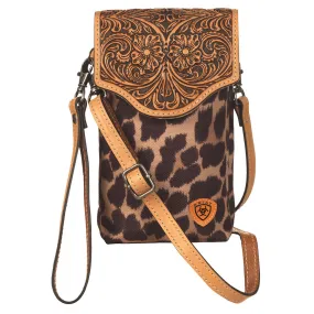 Ariat Leopard Print Crossbody Cell Case with Tooled Leather Flap