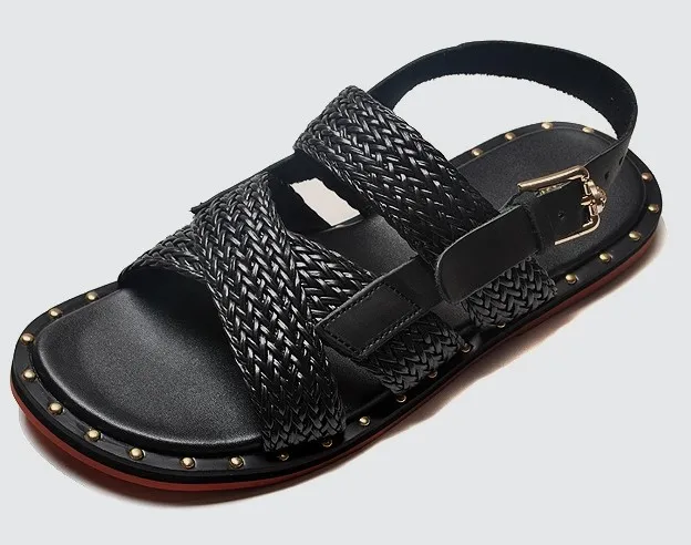 Black Straw Knitted Metal Studs Cross Straps Mens Gladiator Roman Sandals