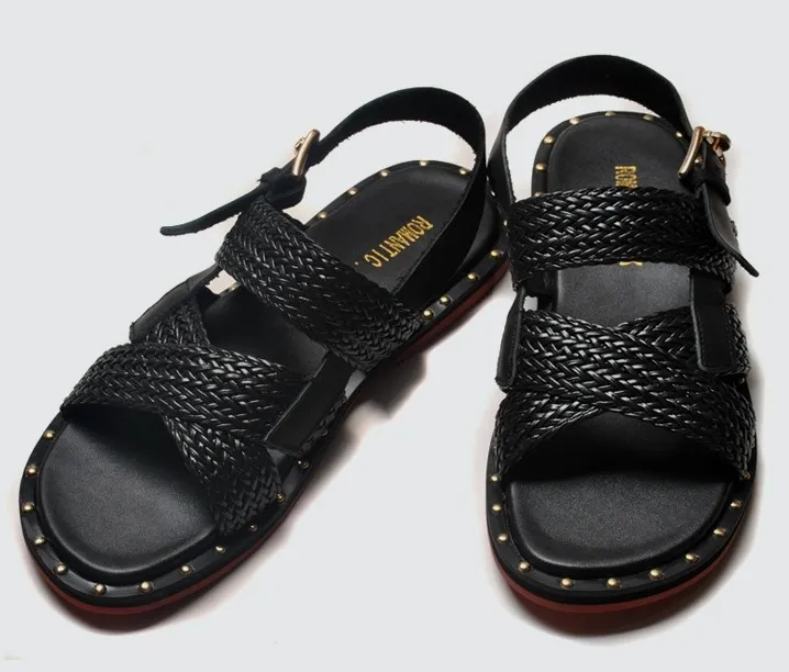 Black Straw Knitted Metal Studs Cross Straps Mens Gladiator Roman Sandals