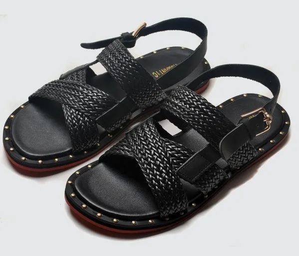 Black Straw Knitted Metal Studs Cross Straps Mens Gladiator Roman Sandals