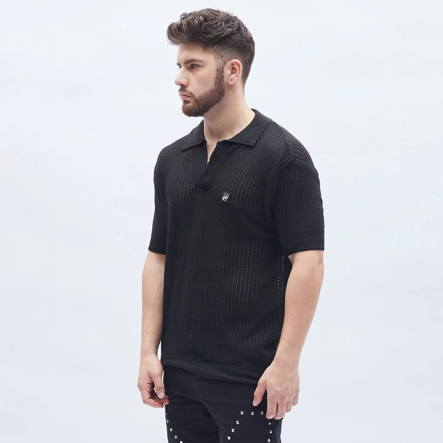 Black Textured Knit Polo Tshirt