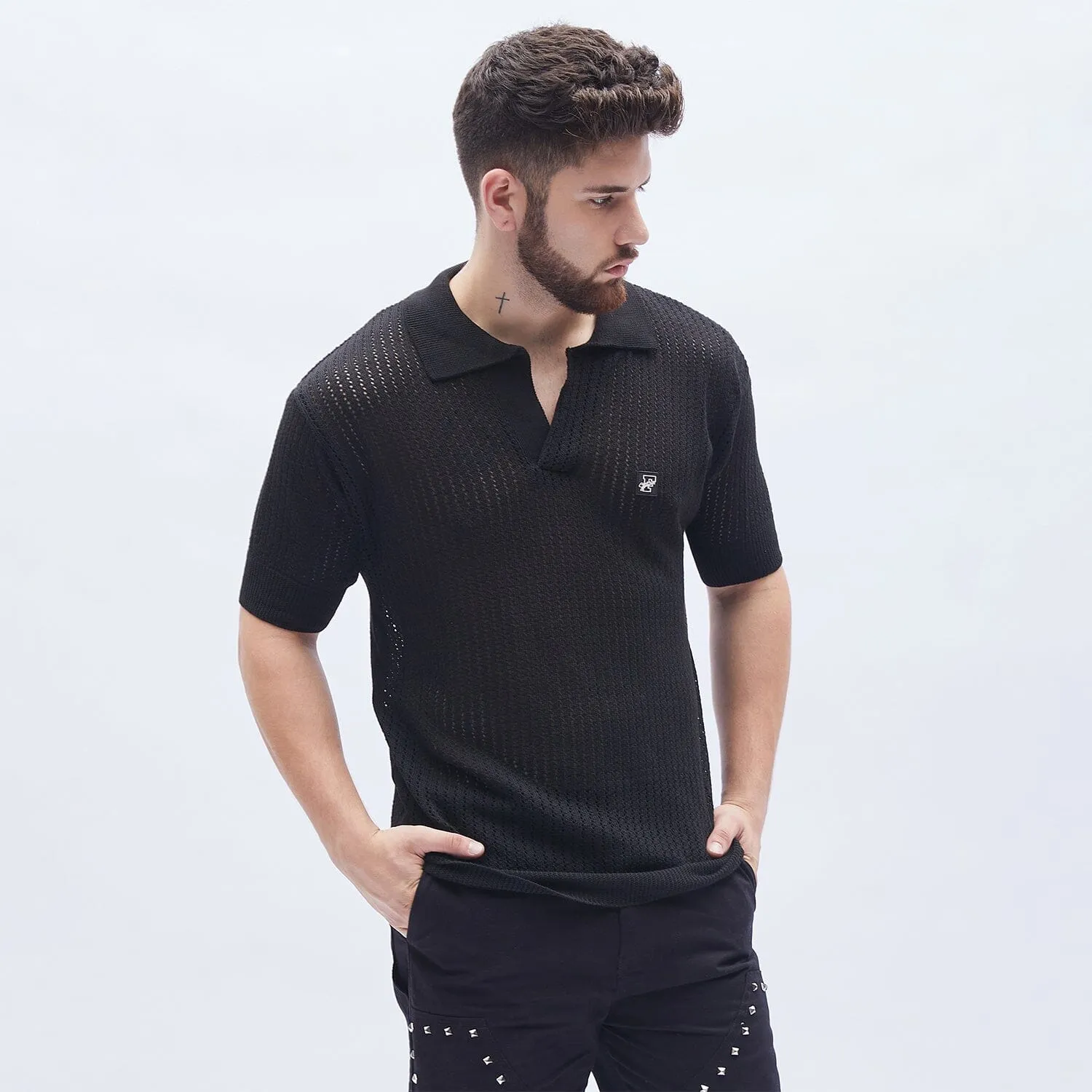 Black Textured Knit Polo Tshirt