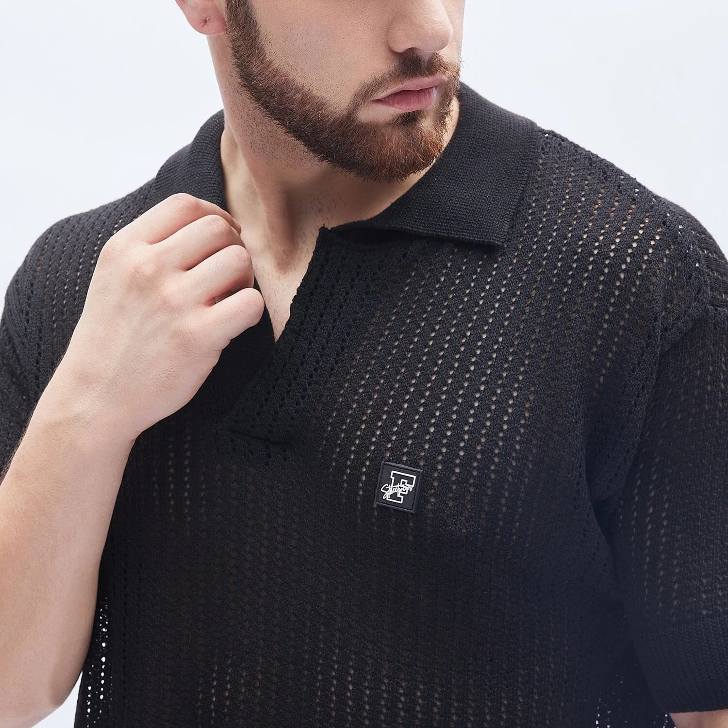 Black Textured Knit Polo Tshirt