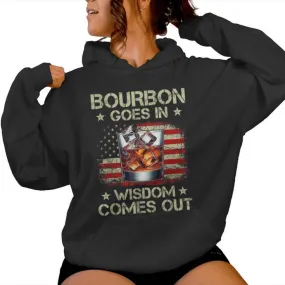 Bourbon Goes In Wisdom Comes Out Whiskey Usa Flag Vintage Women Hoodie