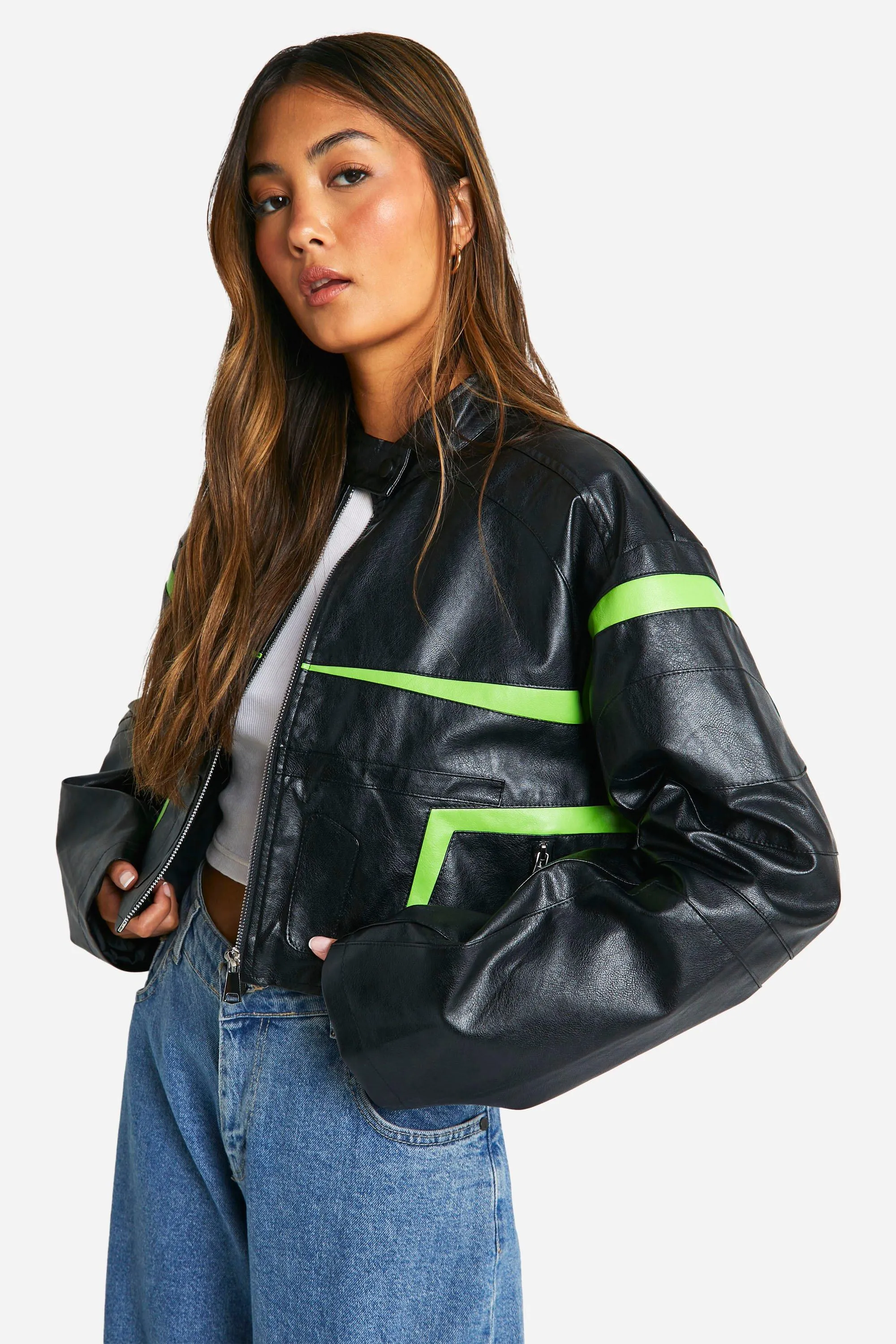 Contrast Faux Leather Jacket