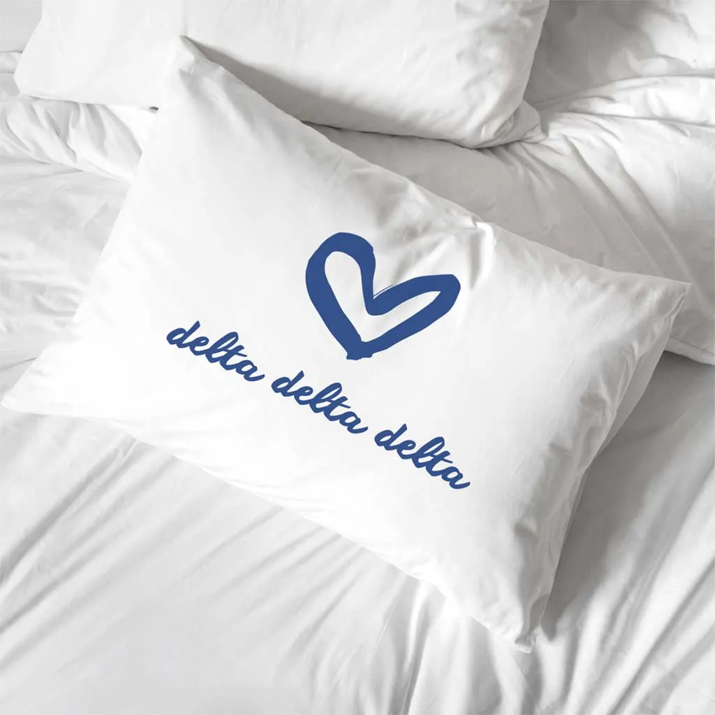 Delta Delta Delta Sorority Name with Heart Design on Printed Pillowcase