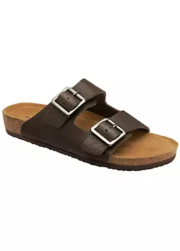 Dunlop Nikhil Double Strap Dark Brown Leather Footbed Sandals | Grattan