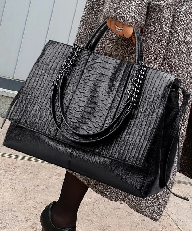 Fashion Black Chain Linked Patchwork Faux Leather Tote Handbag