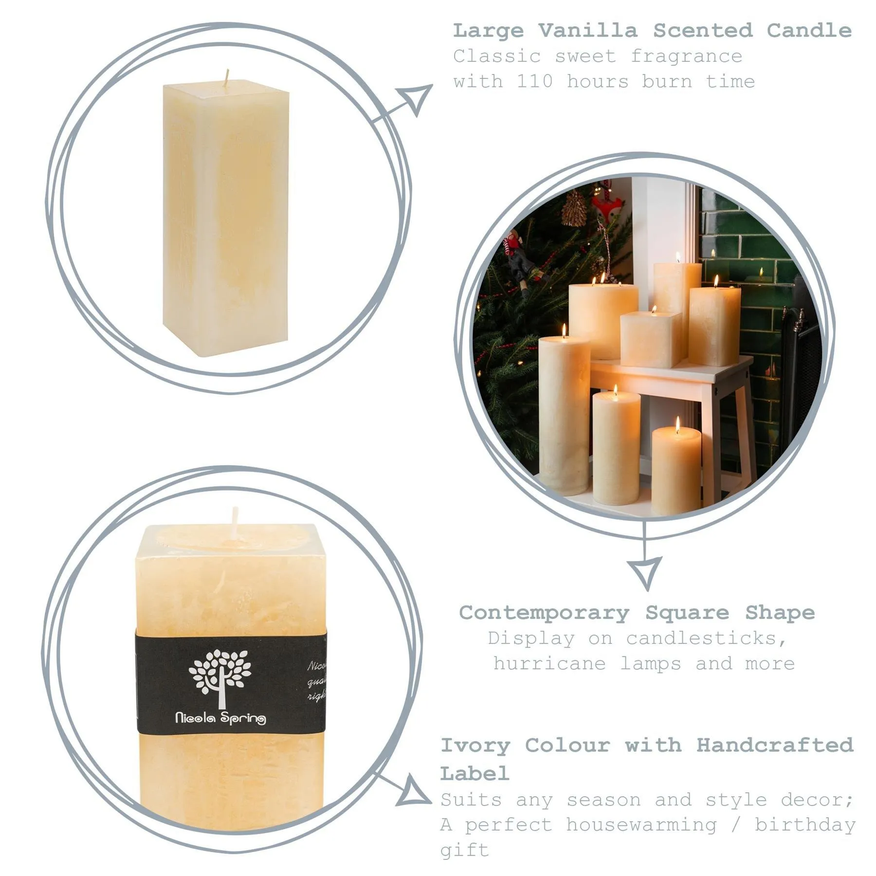 Home Fragrance | Square Vanilla Pillar Candles 110 Hours Cream Pack of 3 | Nicola Spring