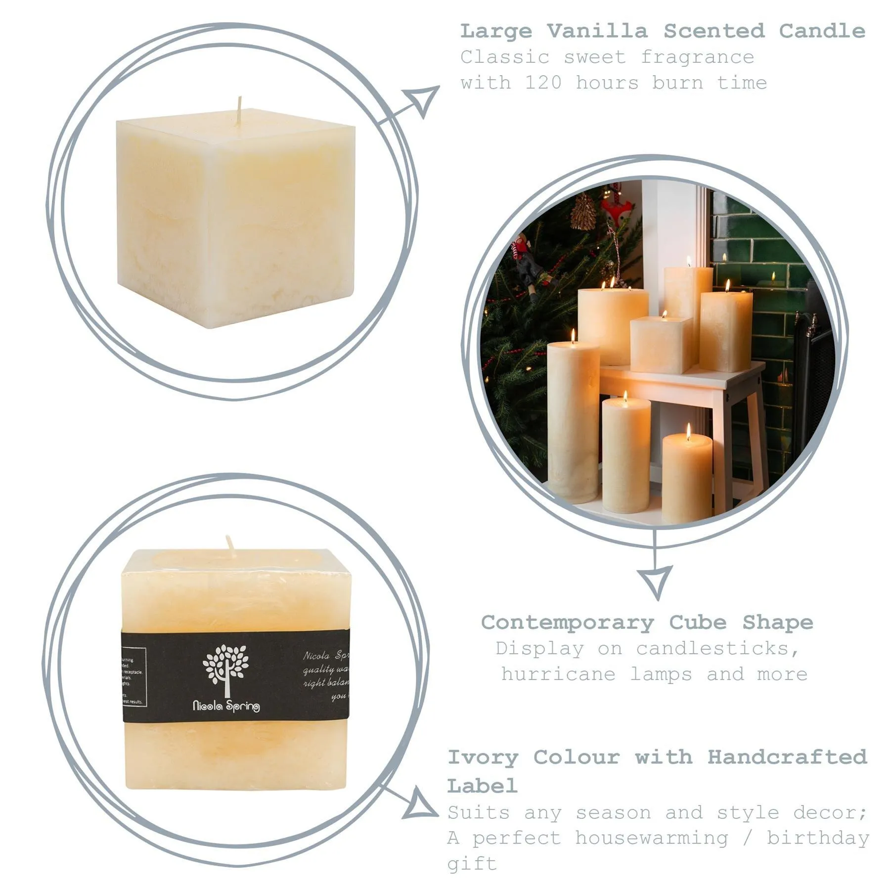 Home Fragrance | Square Vanilla Pillar Candles 120 Hours Cream Pack of 3 | Nicola Spring