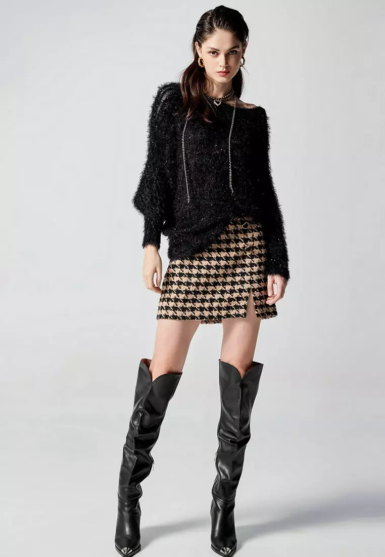 iROO Houndstooth Print Tweed Skirt