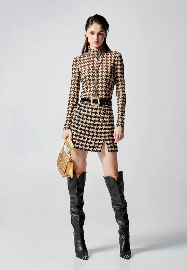 iROO Houndstooth Print Tweed Skirt