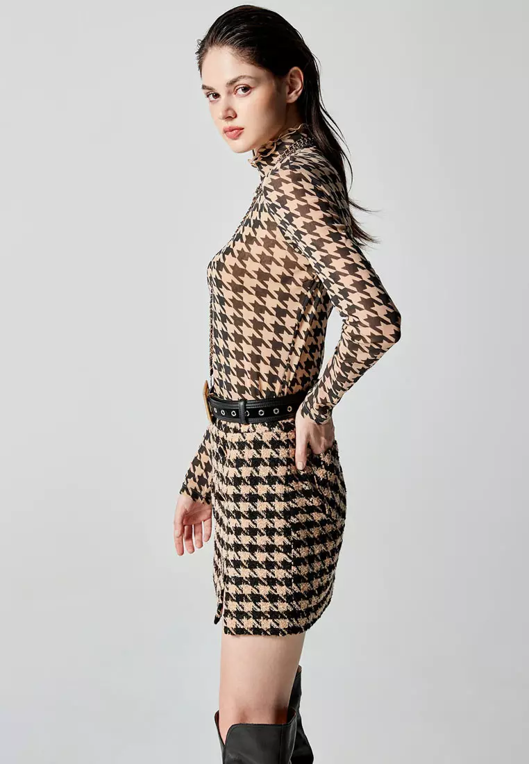 iROO Houndstooth Print Tweed Skirt