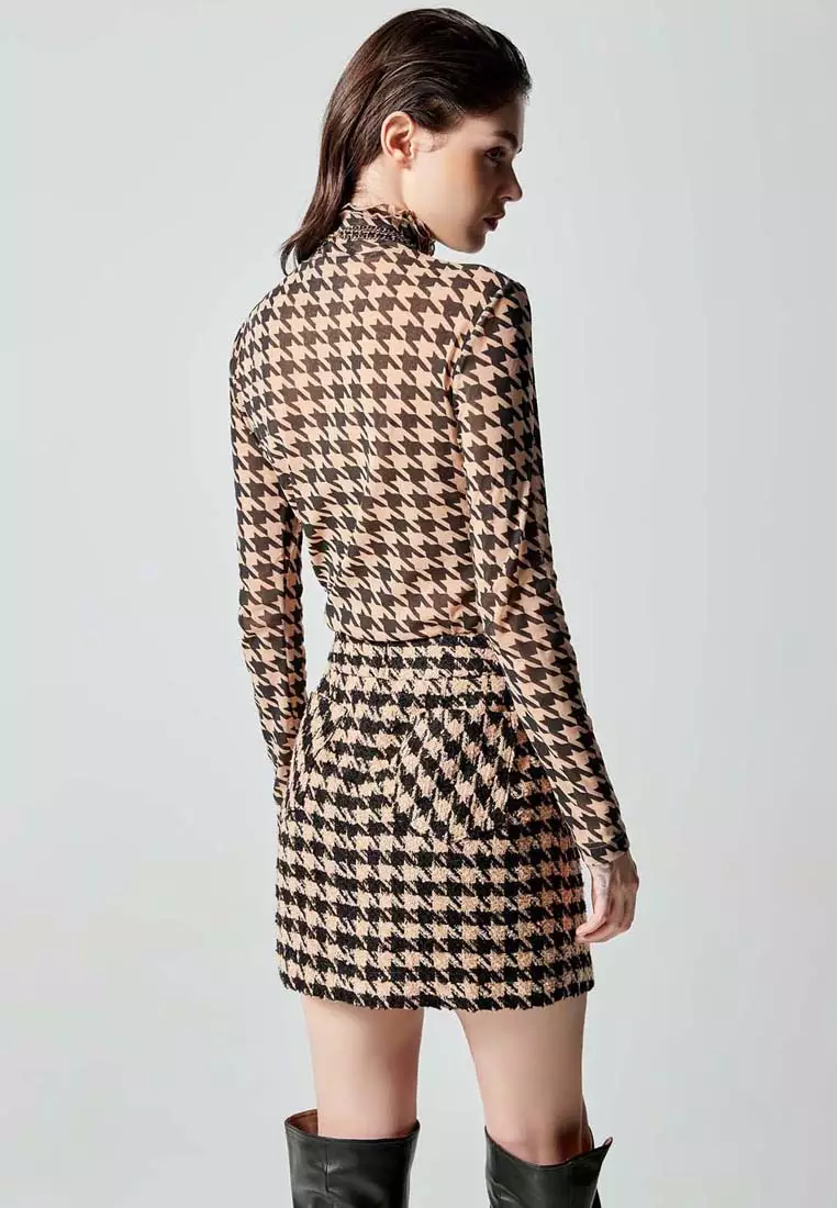 iROO Houndstooth Print Tweed Skirt