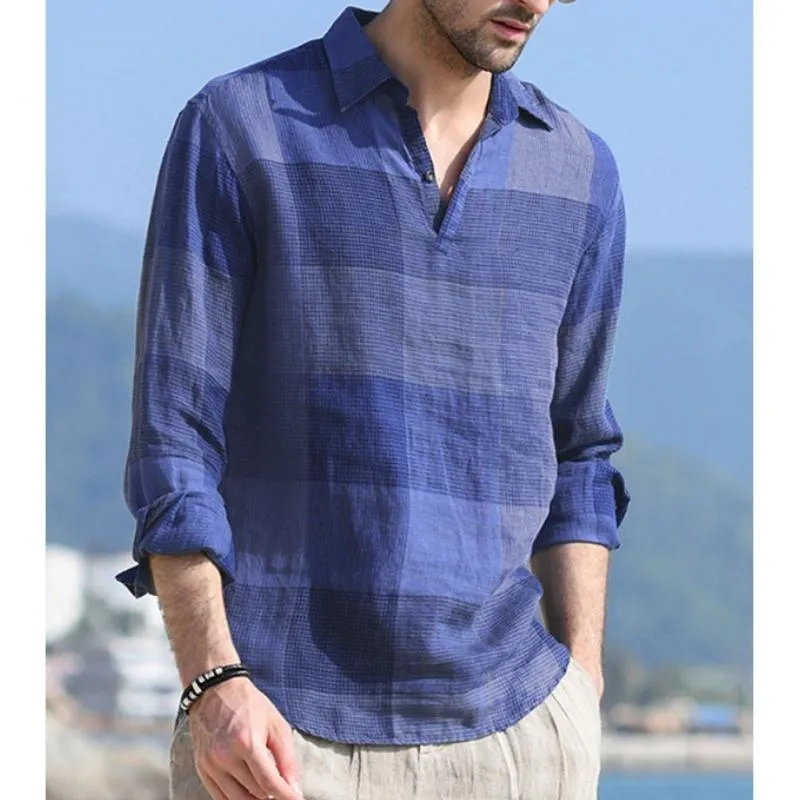 Men's Casual Retro Plaid Pullover Lapel Shirt 82875806TO