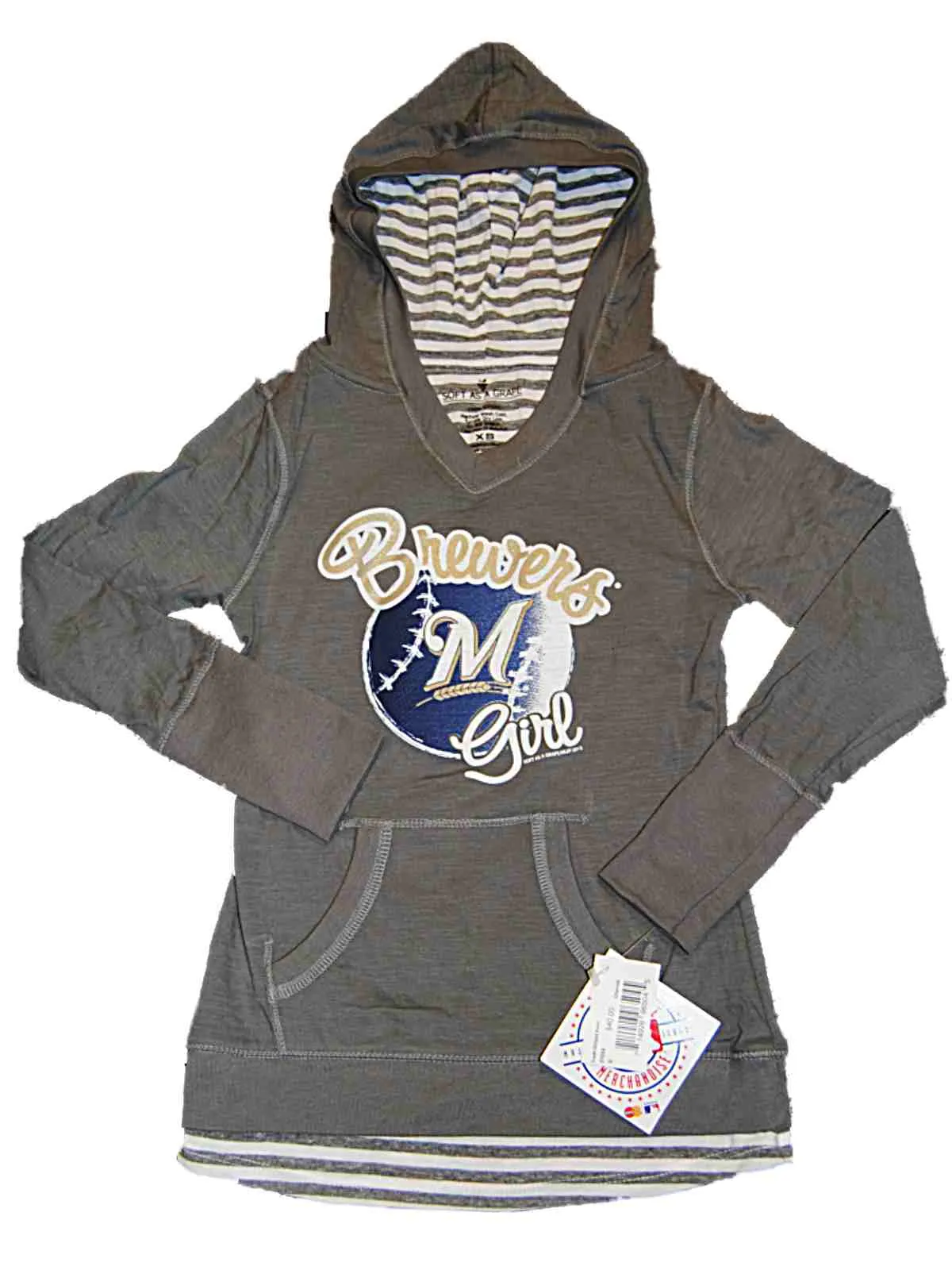 Milwaukee Brewers SAAG Youth Girls Gray Hooded Long Sleeve Pullover T-Shirt