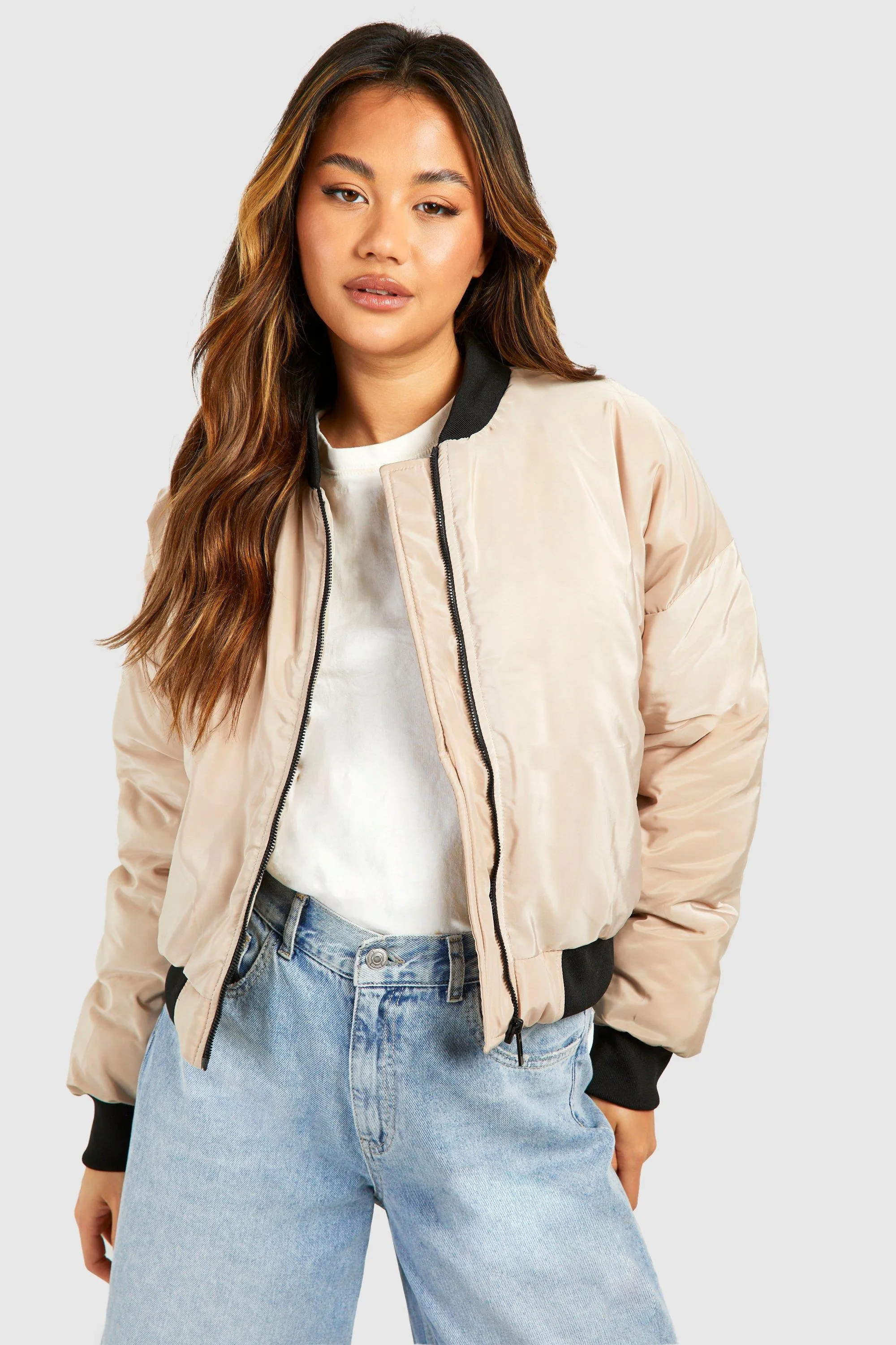 Nylon Oversized Contrast Rib Bomber Jacket