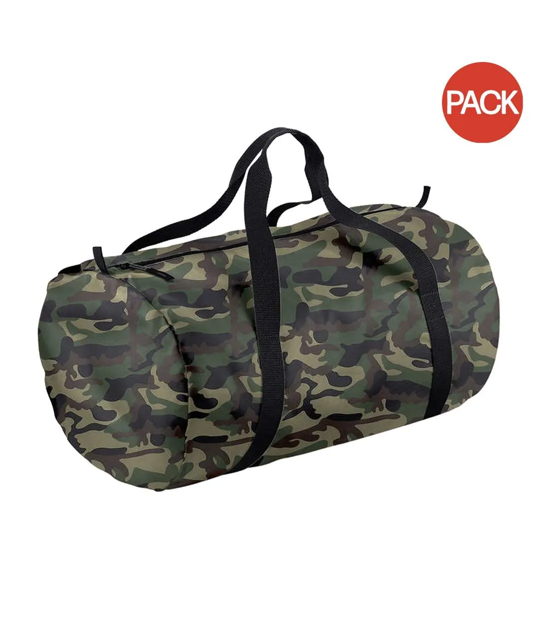 Pack of 2  Packaway barrel bag / duffle water resistant travel bag 32 litres  one size jungle camo/black BagBase