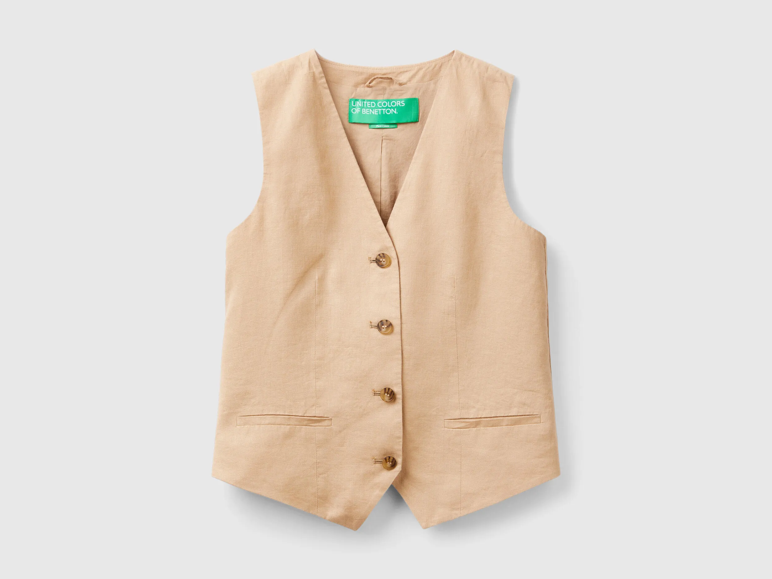 Pure linen vest - Camel | Benetton