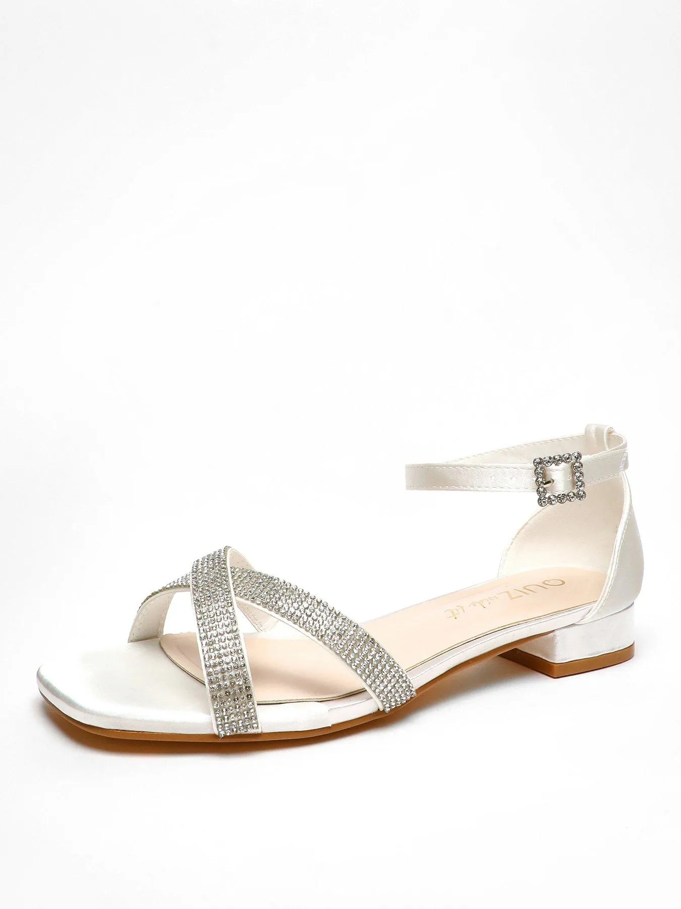 Quiz Wide Fit White Shimmer Diamante Cross Strap Flat Sandals