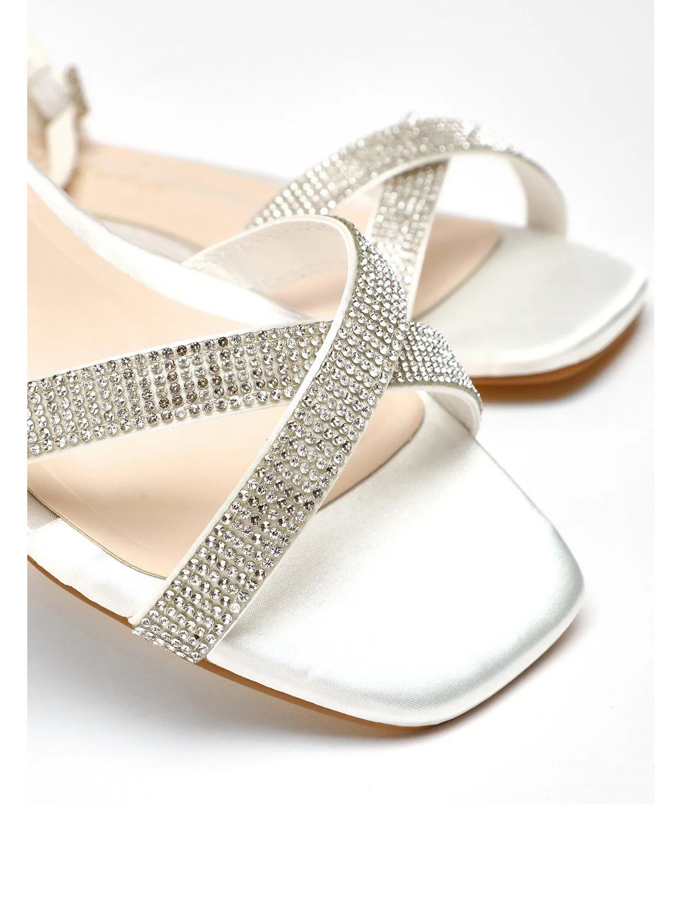 Quiz Wide Fit White Shimmer Diamante Cross Strap Flat Sandals