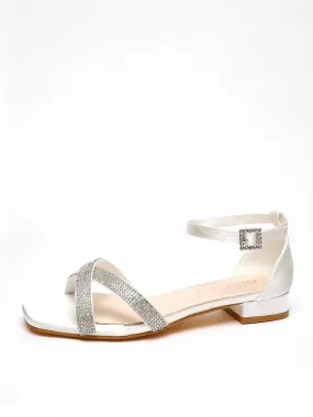 Quiz Wide Fit White Shimmer Diamante Cross Strap Flat Sandals