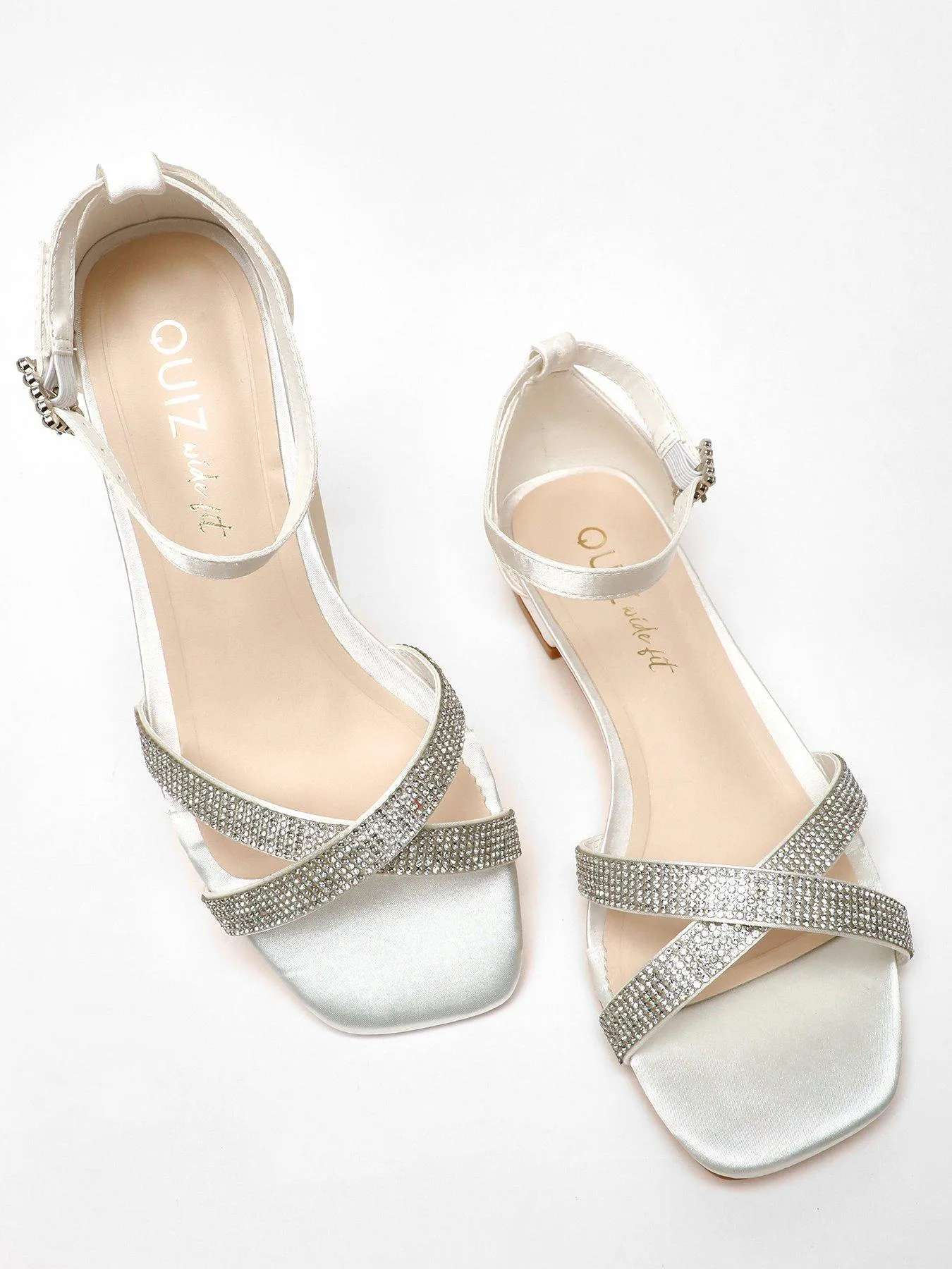 Quiz Wide Fit White Shimmer Diamante Cross Strap Flat Sandals