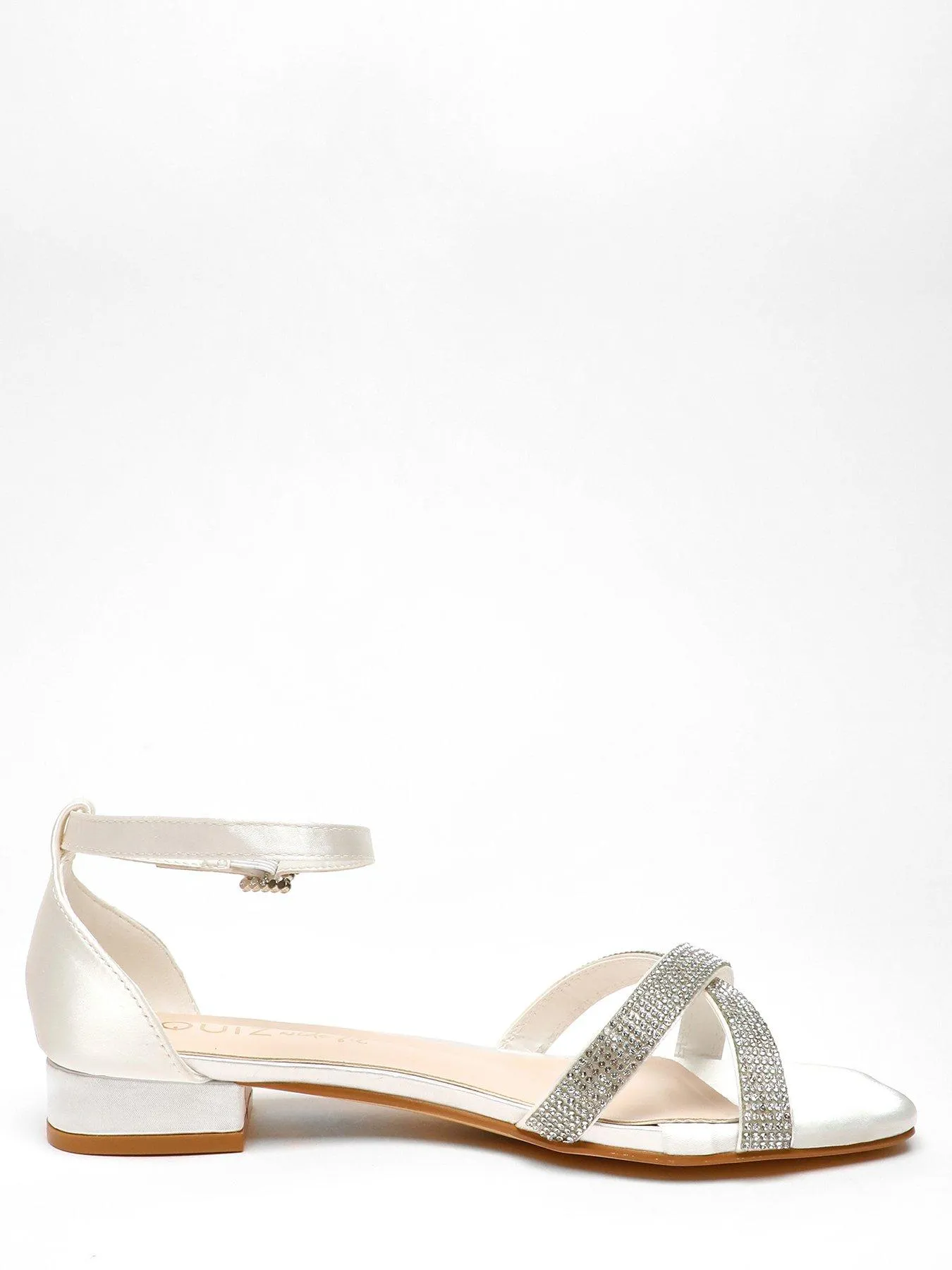 Quiz Wide Fit White Shimmer Diamante Cross Strap Flat Sandals