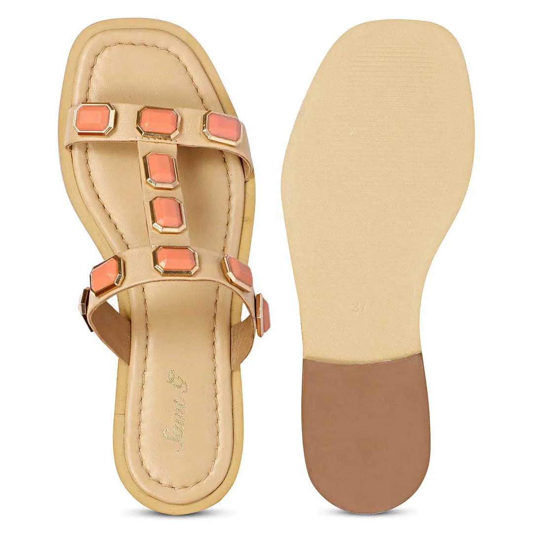 Saint Celeste Pink Stones Embellished Natural Leather Flats