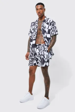 Short Sleeve Oversized Slub Checkerboard Geo Shirt & Short | boohooMAN UK