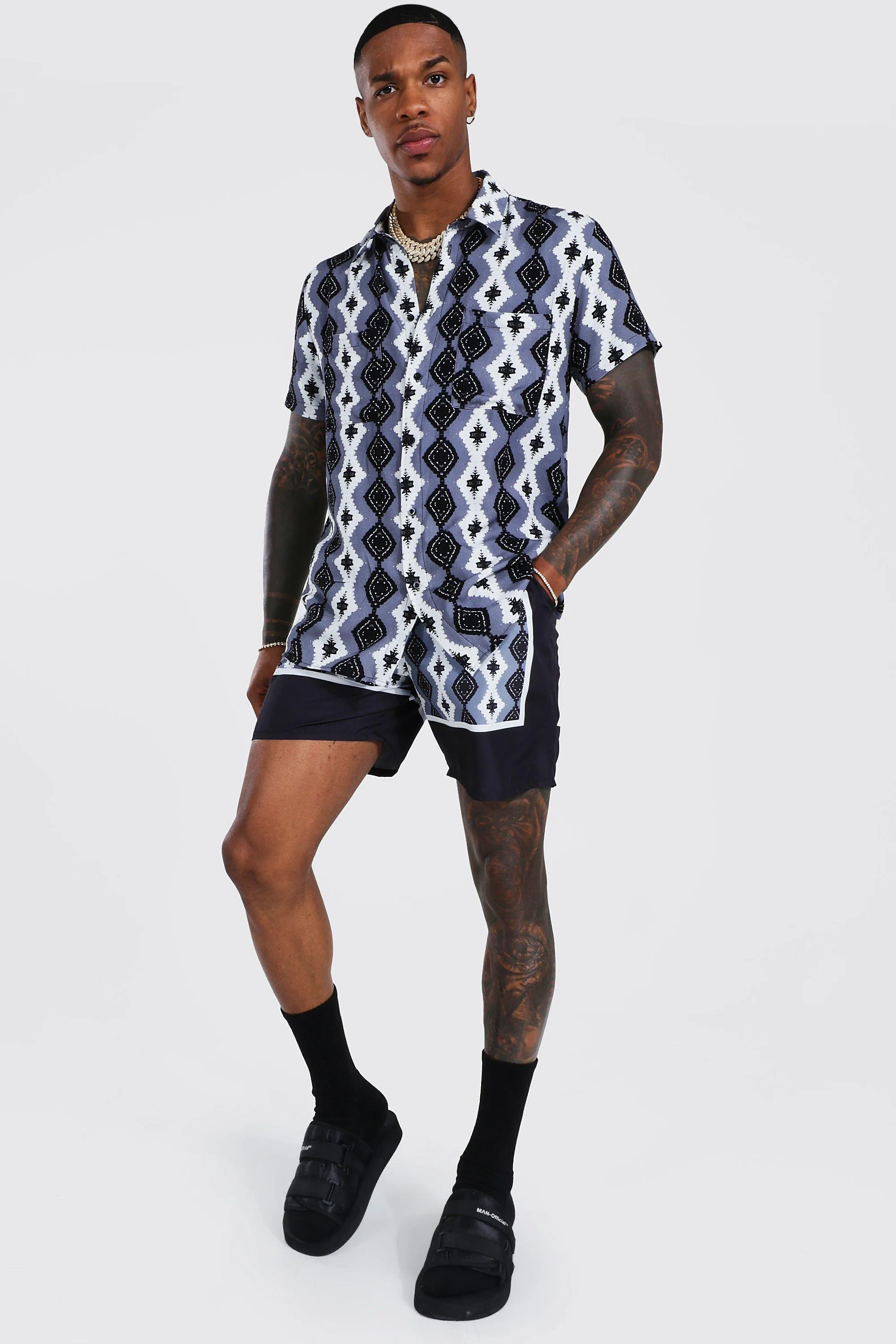 Short Sleeve Viscose Aztec Shirt And Short Set | boohooMAN UK