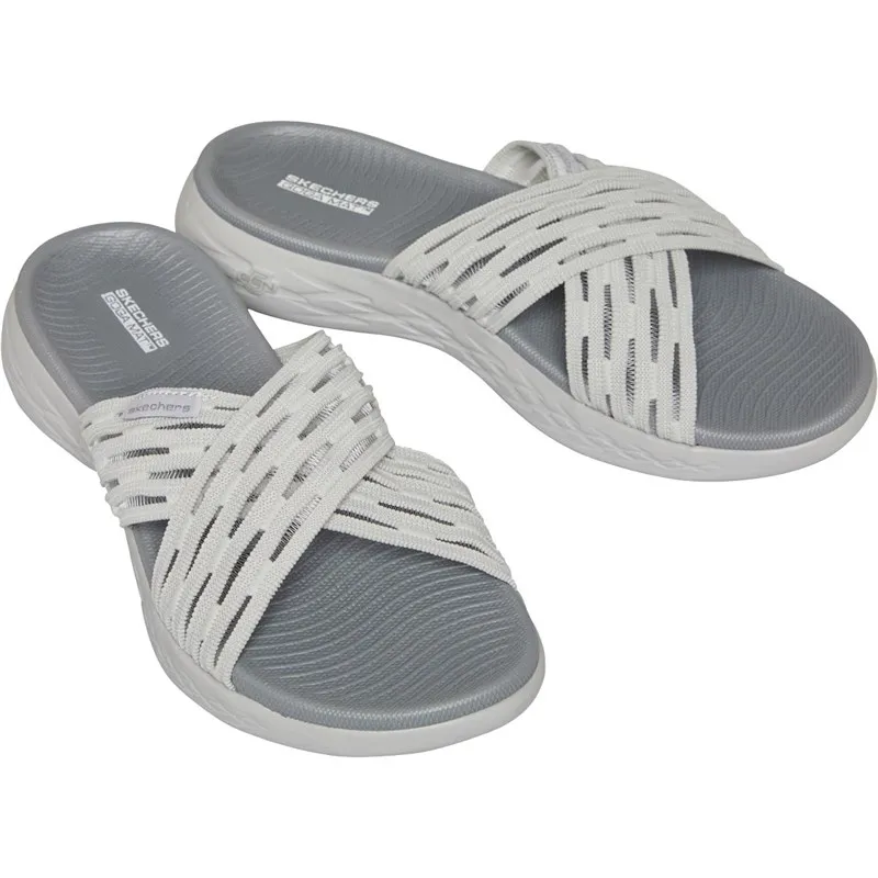 SKECHERS Womens On The Go 600 Sunrise Monifil Crossband Slide Sandals Grey