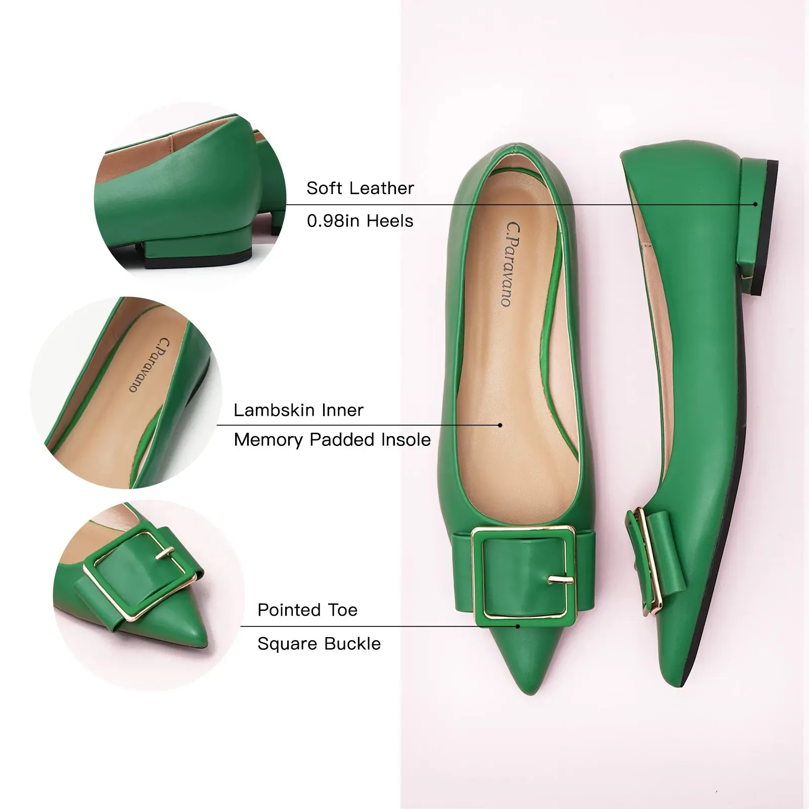 Square Buckle Flats (Aida) Green