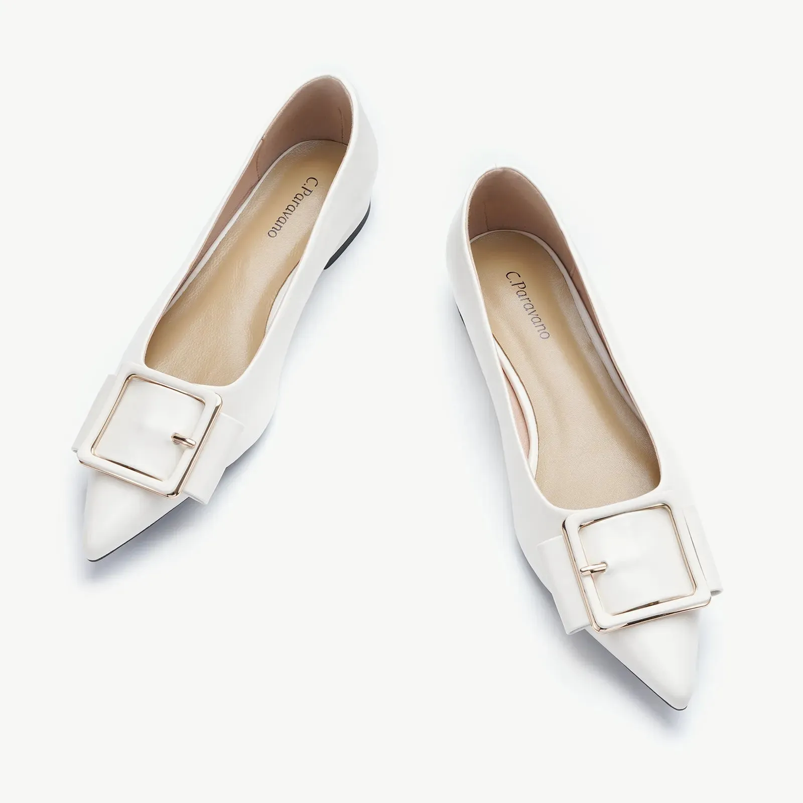 Square Buckle Flats (Aida) White