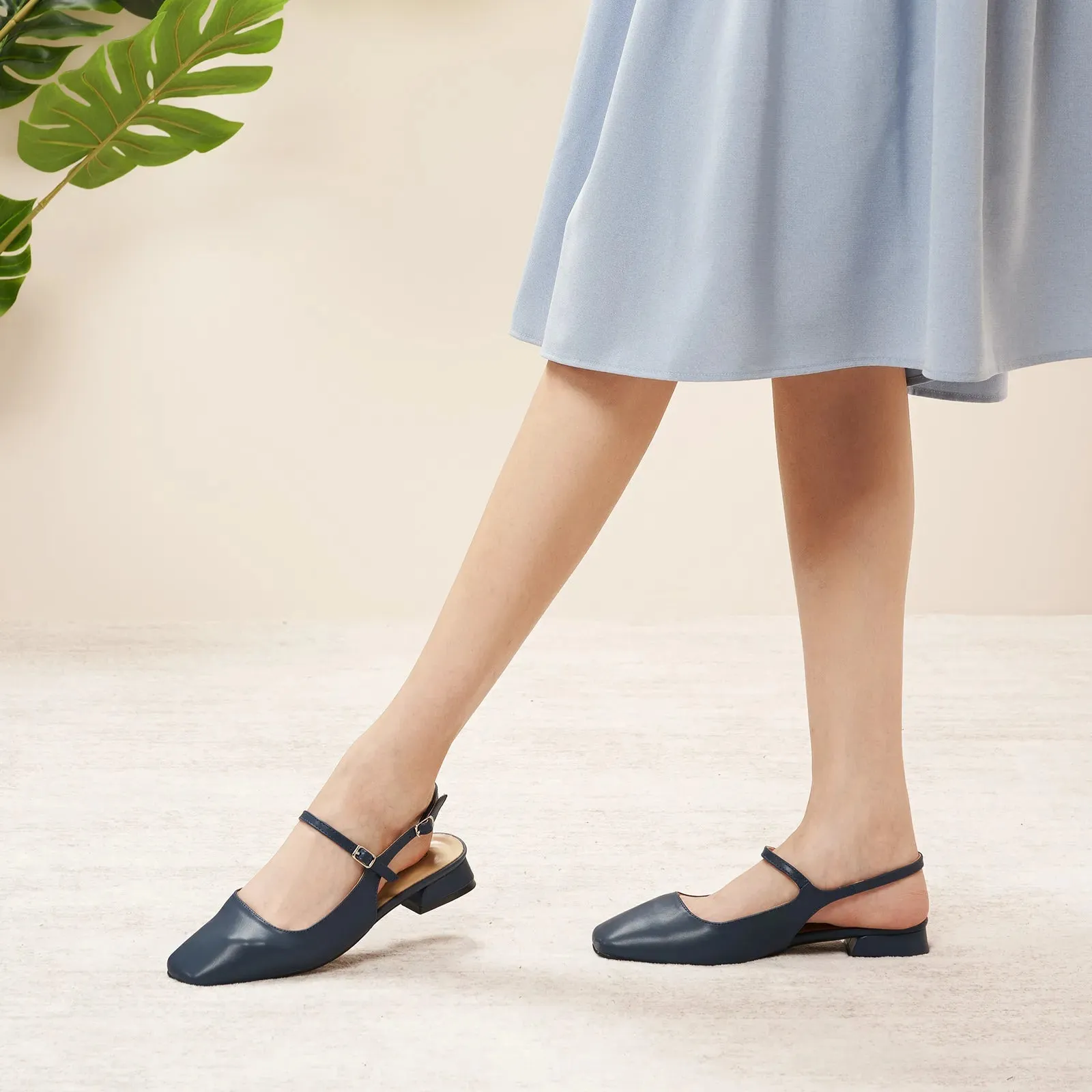 Square-Toe Sleek Slingback Flats (Felicia) Navy