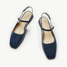 Square-Toe Sleek Slingback Flats (Felicia) Navy