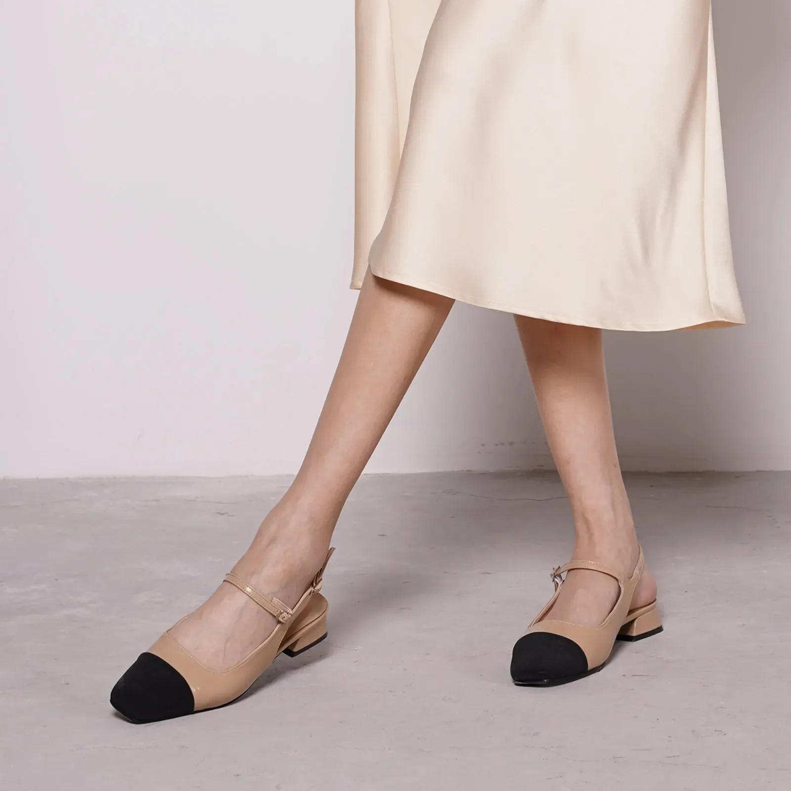 Square-Toe Slingback Flats (Felicia) Beige