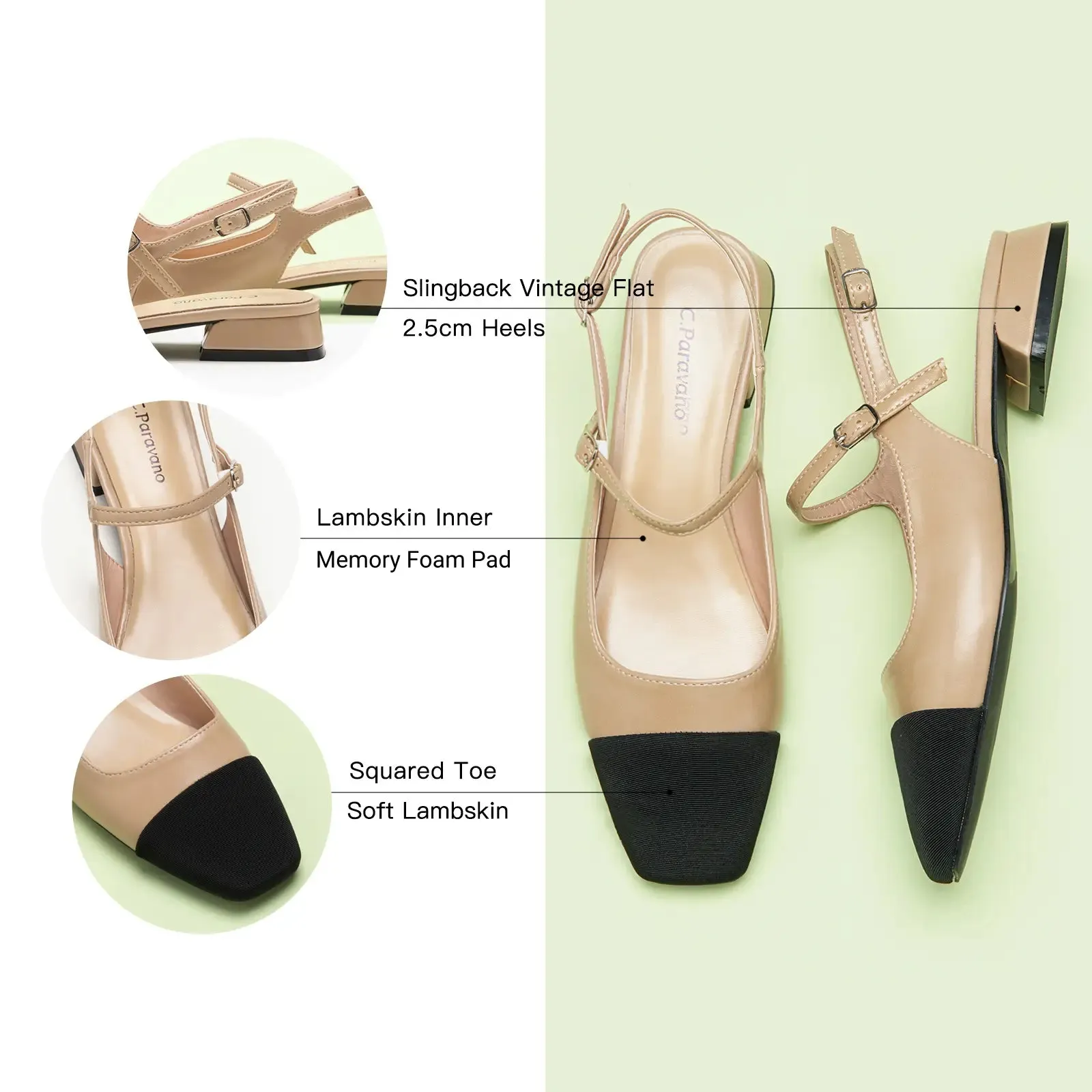 Square-Toe Slingback Flats (Felicia) Beige