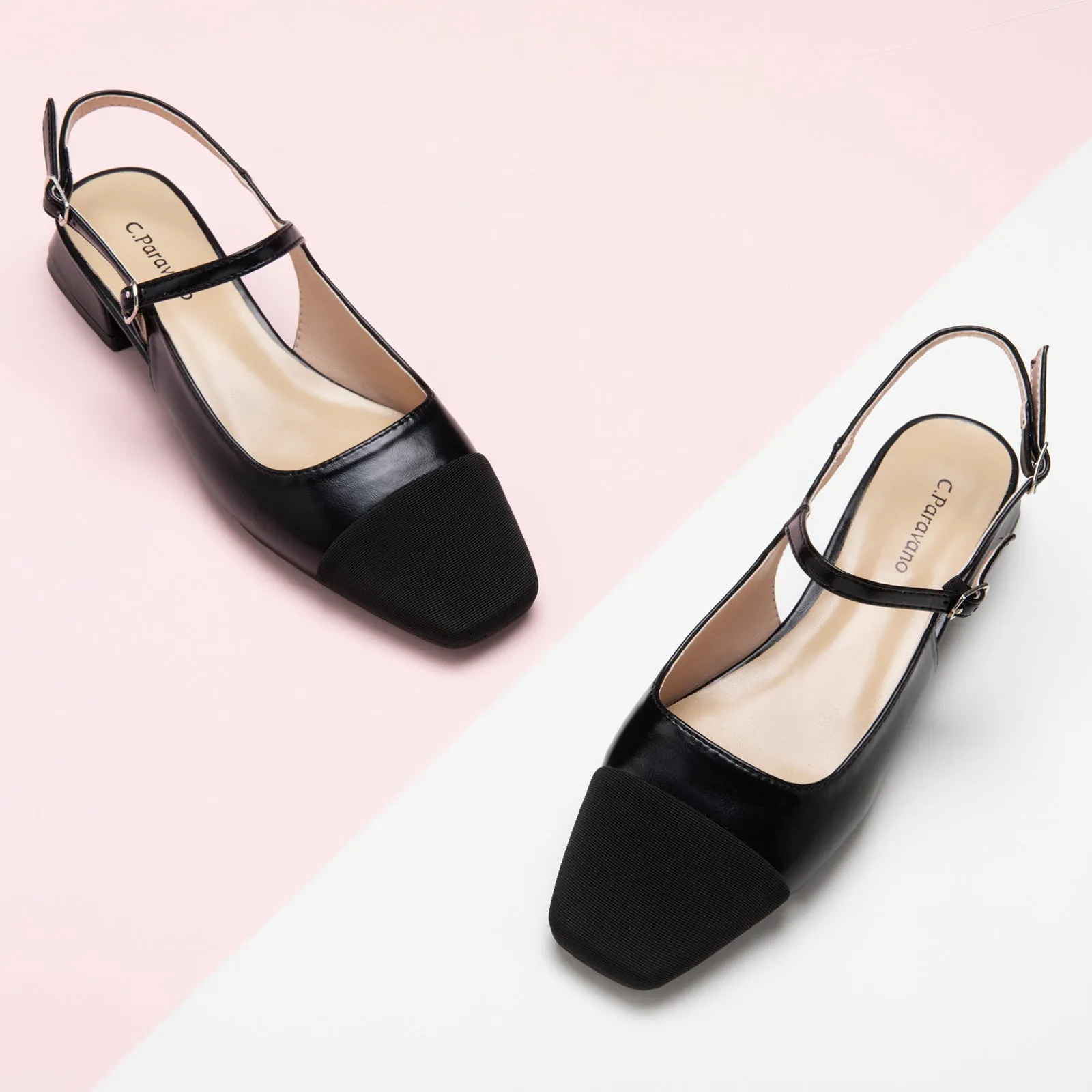 Square-Toe Slingback Flats (Felicia) Black