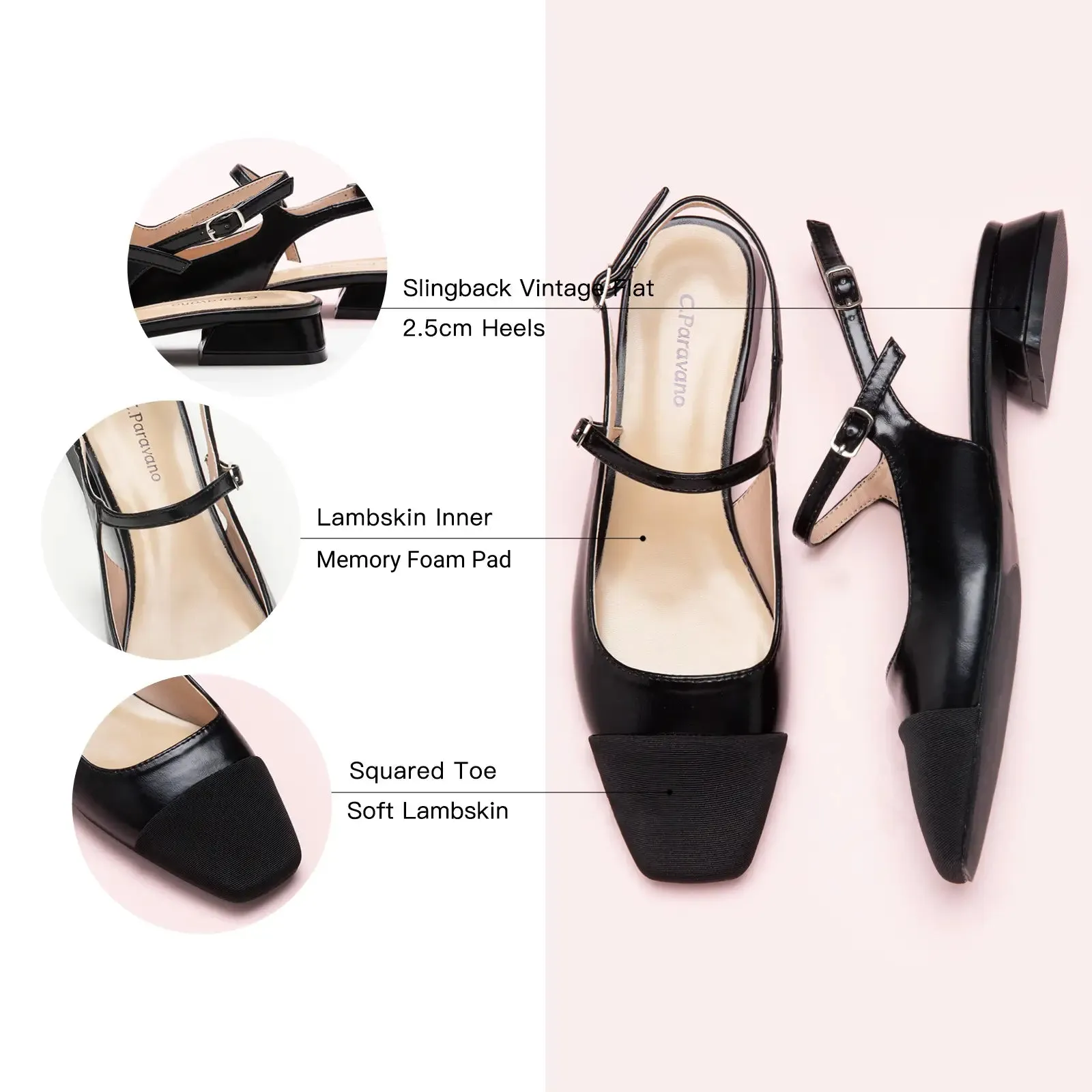 Square-Toe Slingback Flats (Felicia) Black