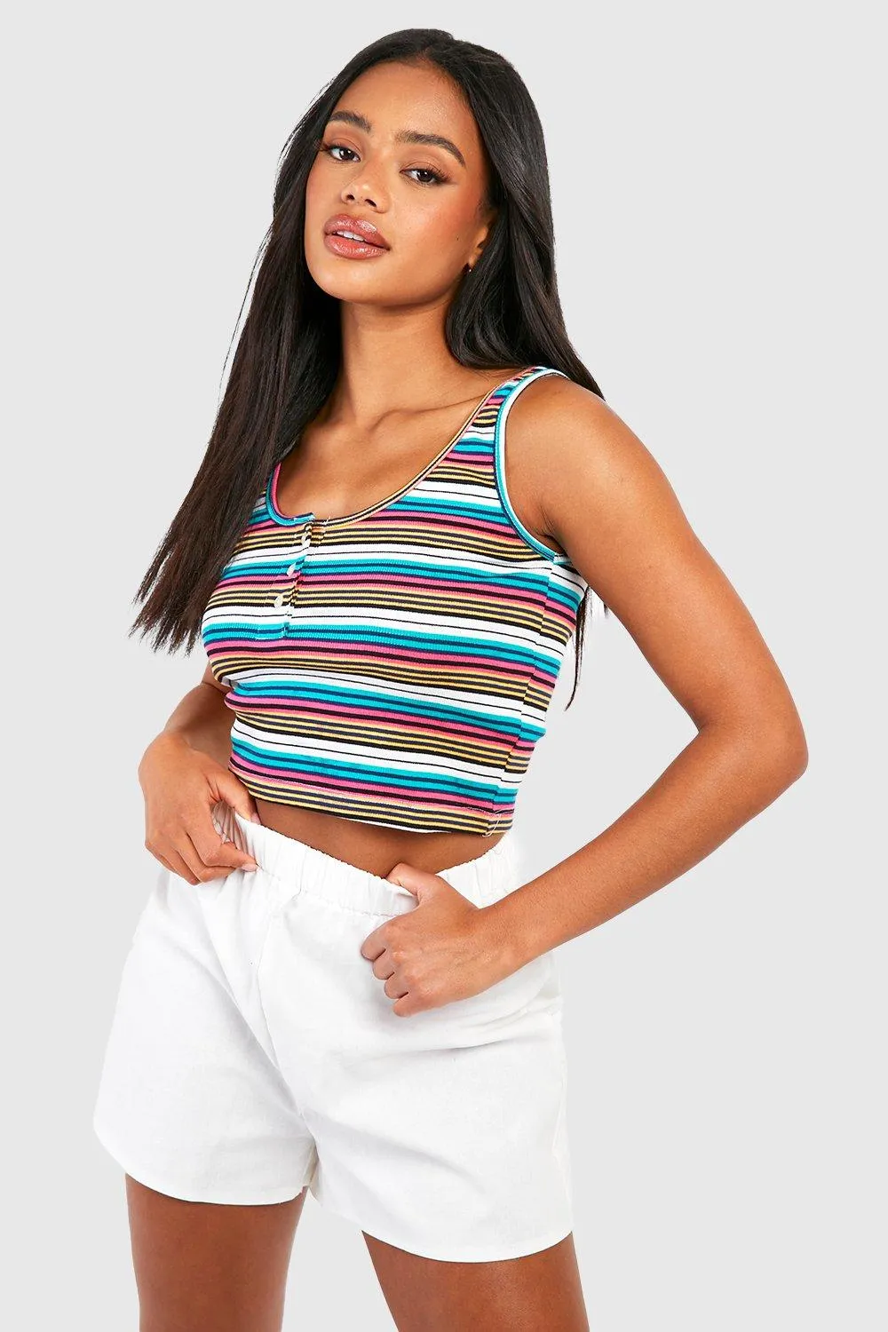 Stripe Button Detail Crop Tank Top