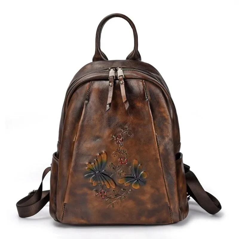 Vintage Women's Genuine Leather Flower Design Zipper Travel Bag Backpack