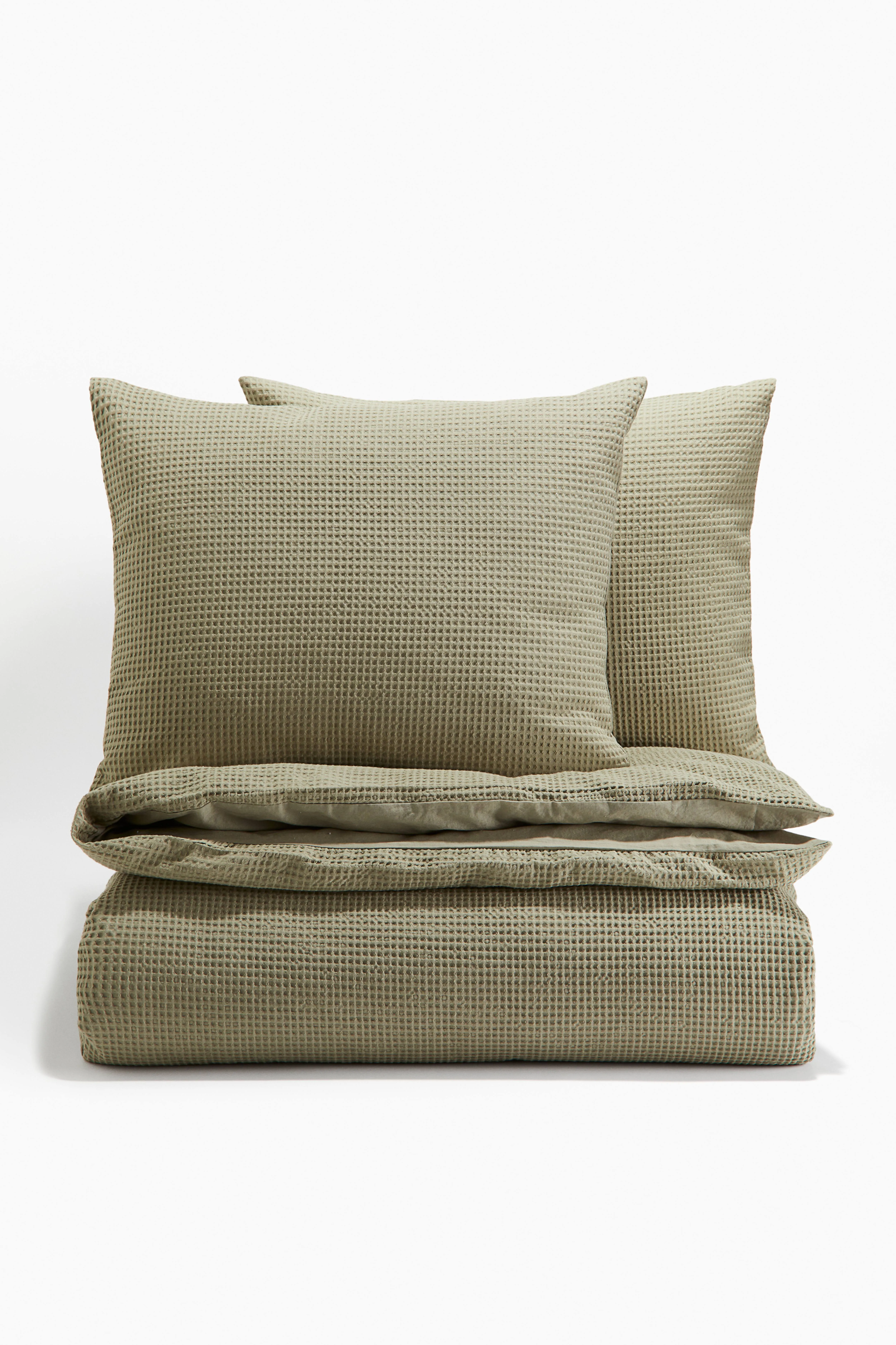 Waffled double duvet cover set - Light khaki green - Home All | H&M GB